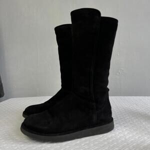 UGG Womens Leather Black Suede Tall Zip Boots Size 7 Shearling Lined Winter